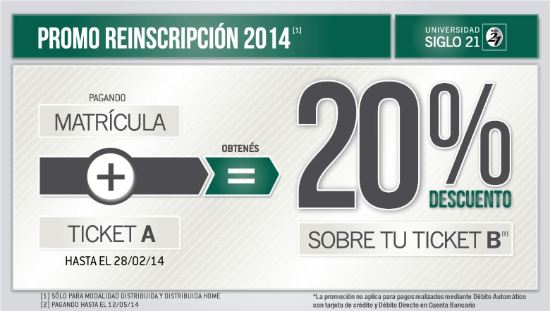 Promo Reinscripción 2014.
Pagando la matrícula + Ticket A, obtenés un 20% de Descuento en tu Ticket B.