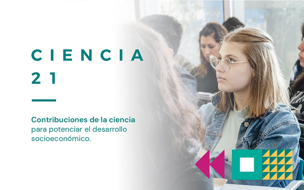 hero alumnos en bancos logo ciencia 21 logo y formas geometricas