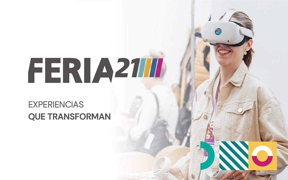 hero mujer realidad virtual logo feria21 y formasgeometricas